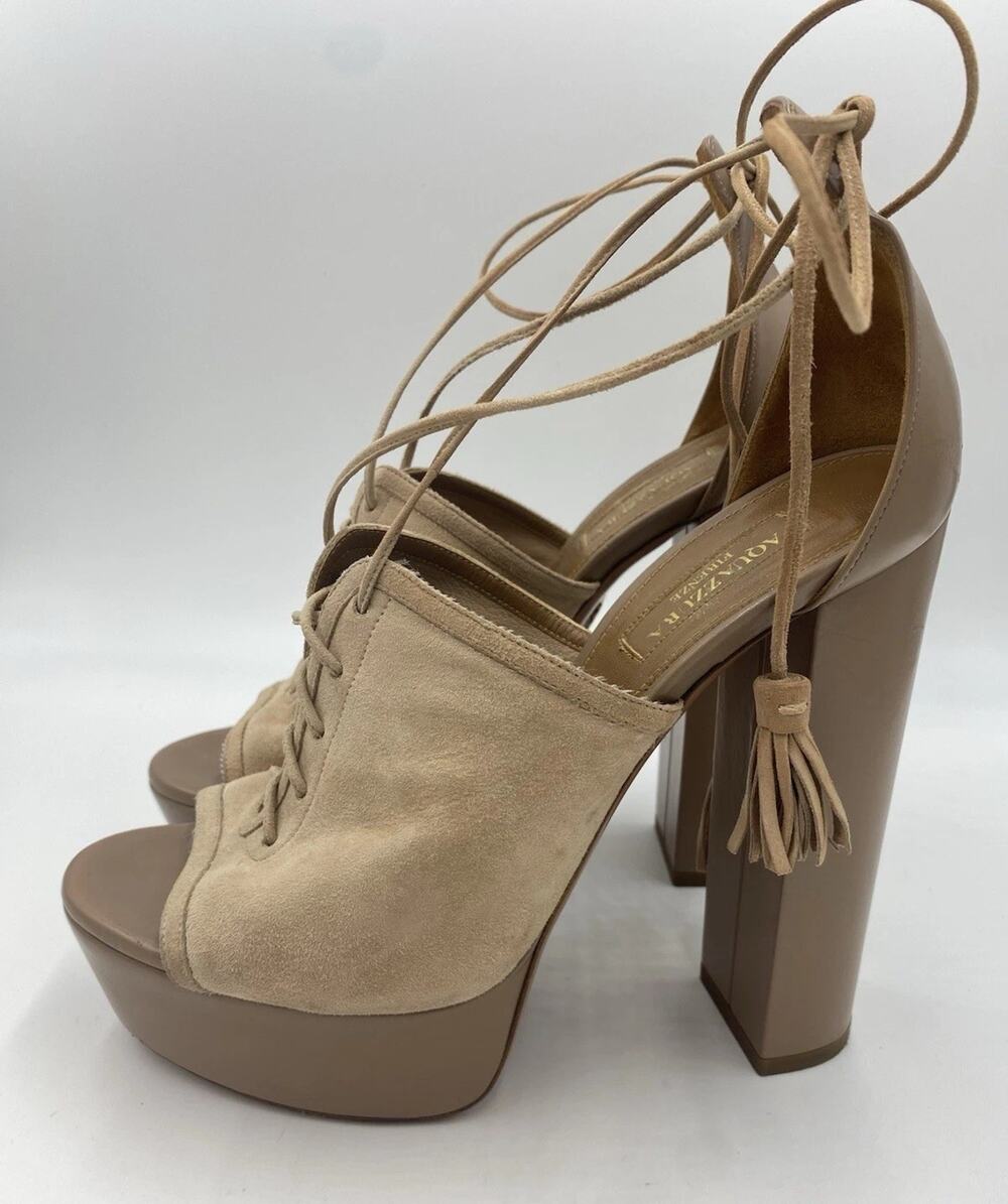 Aquazzura JAC PLATEAU 140 Suede Platform Lace Up Heels Sandals Firenze Sz 38.5